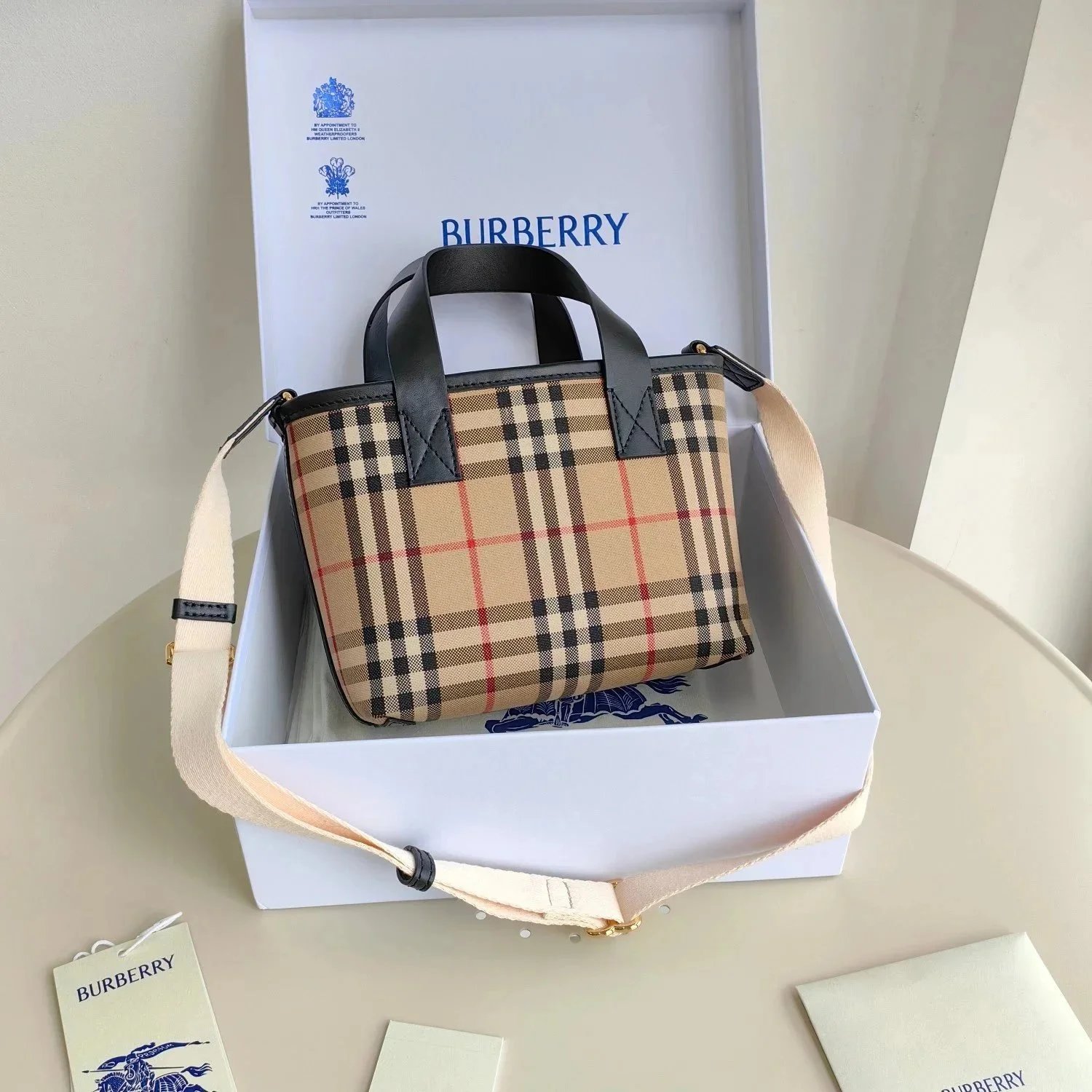 Burberry Mini Vintage Check Tote Bag Beige Plaid Handbag - 1