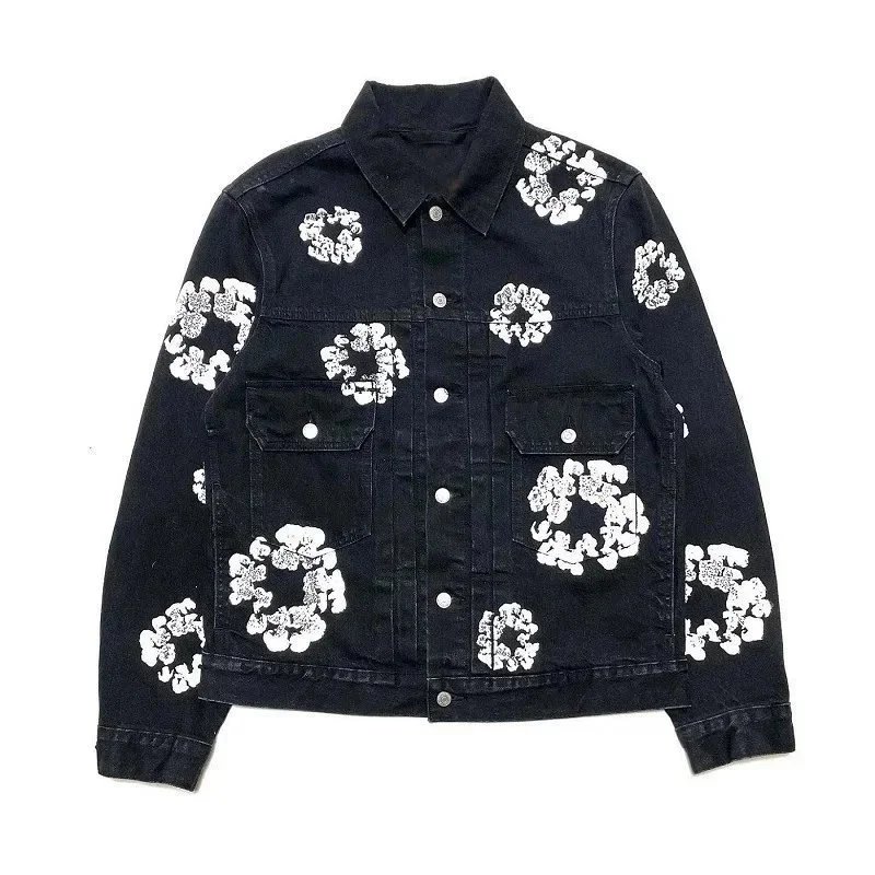 Black Denim Jacket With White Floral Pattern Casual Style