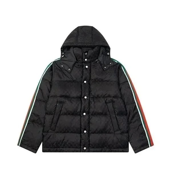 Black Puffer Jacket With Color Stripes Hooded Winter Coat