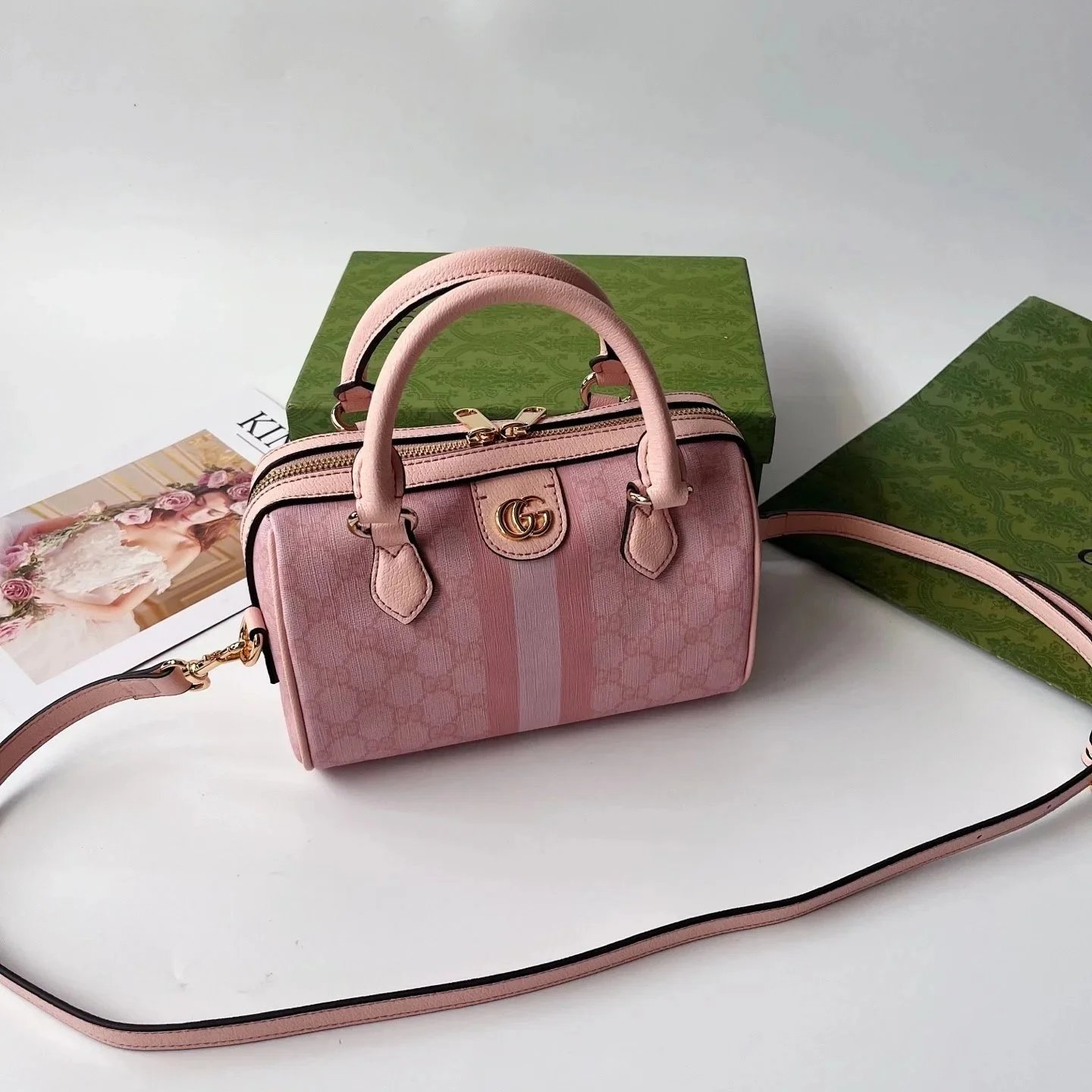 Gucci Boston Bag Pink Striped GG Marmont Mini Handbag