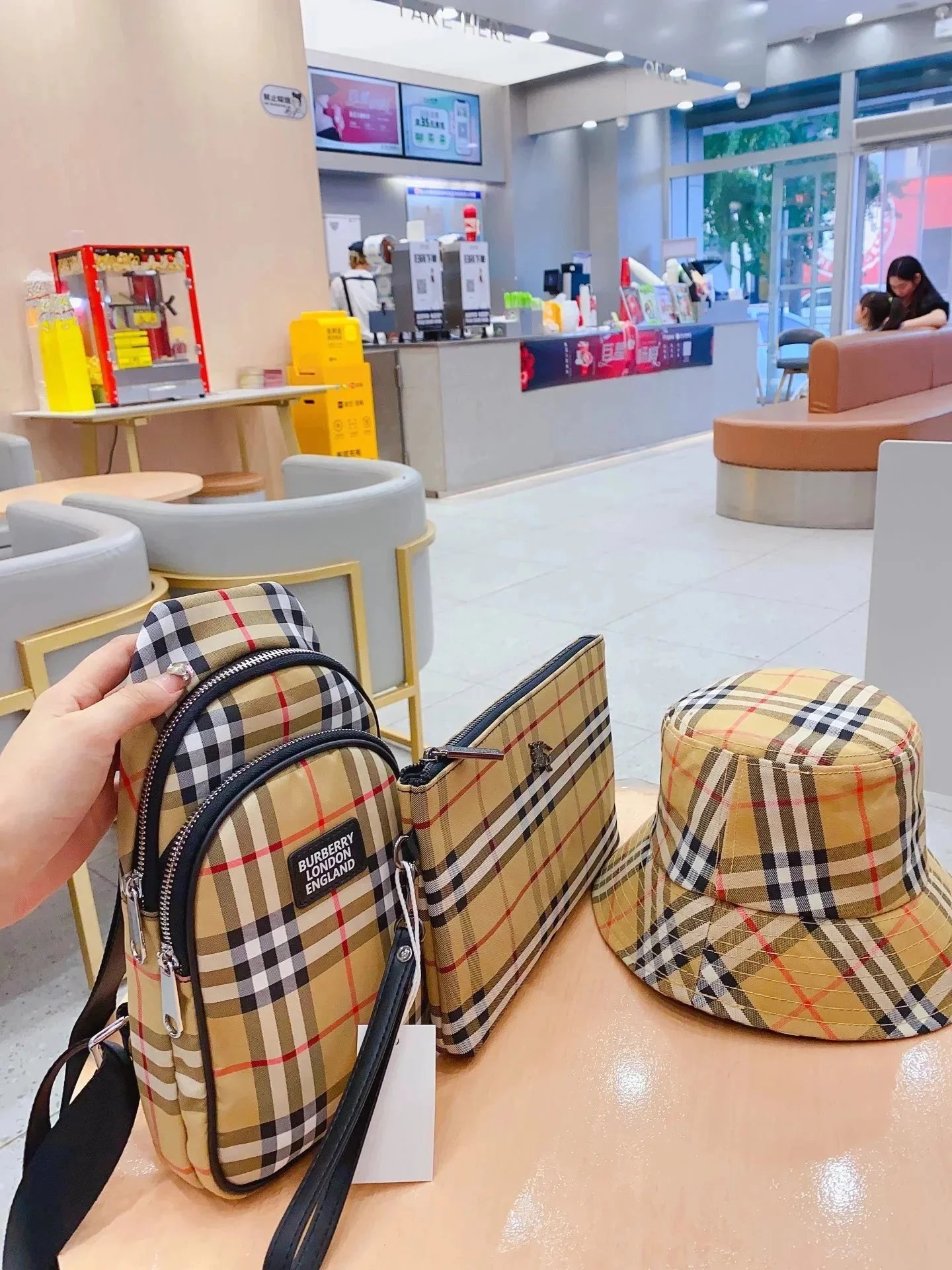 Burberry Check Pattern Crossbody Bag, Pouch, and Bucket Hat Set product photo 2