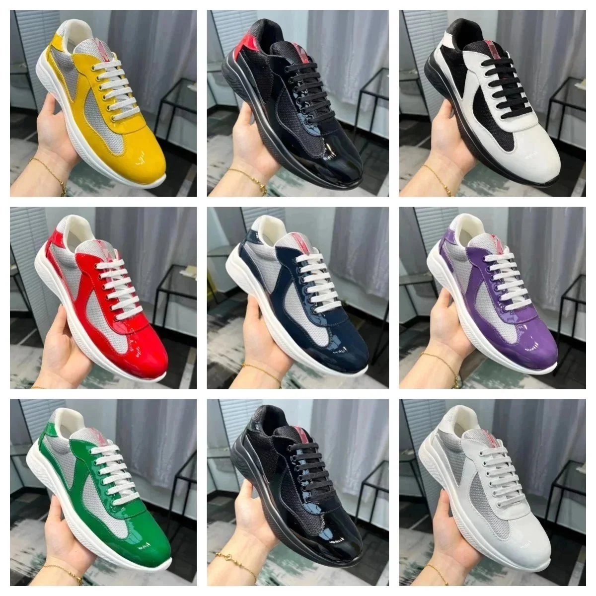 Prada America's Cup Patent Leather and Mesh Sneakers