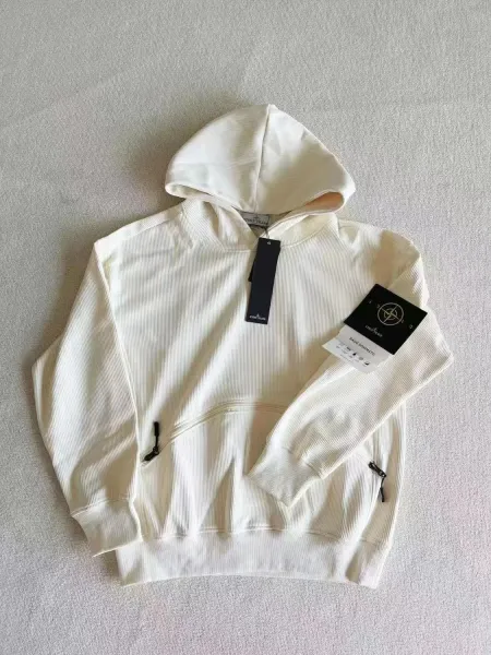 Stone Island Ribbed Hoodie and Sweatpants Set in Off-White with Gray Trail Sneakers - 10