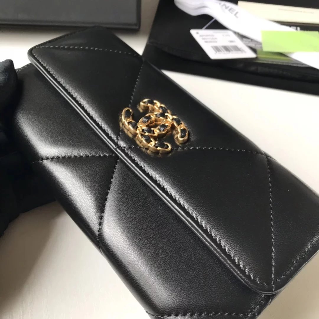 Chanel 19 Wallet Black Quilted Lambskin with Gold-Tone CC Logo Long Wallet - 8