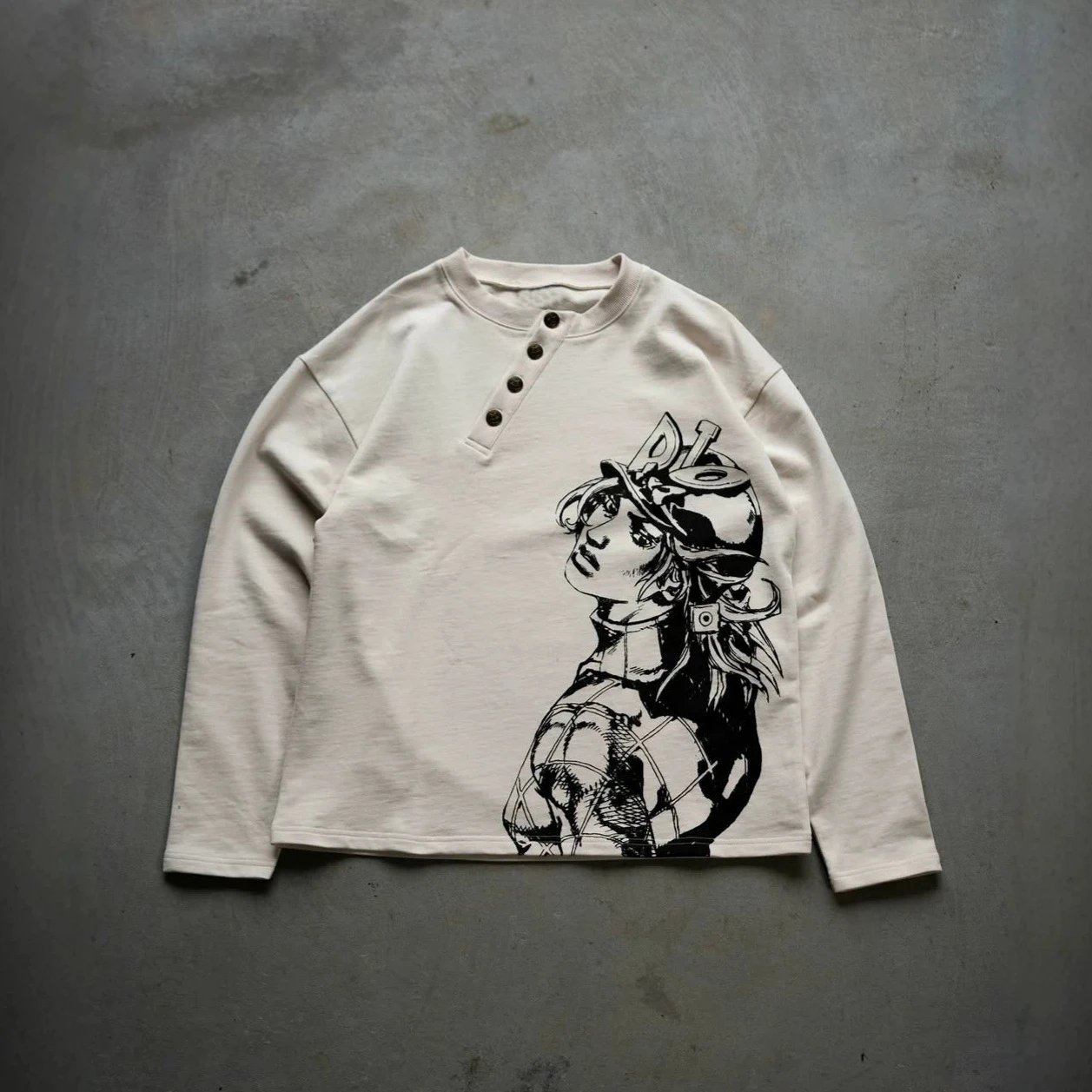 Y2K Henry long-sleeve black and white striped anime character print