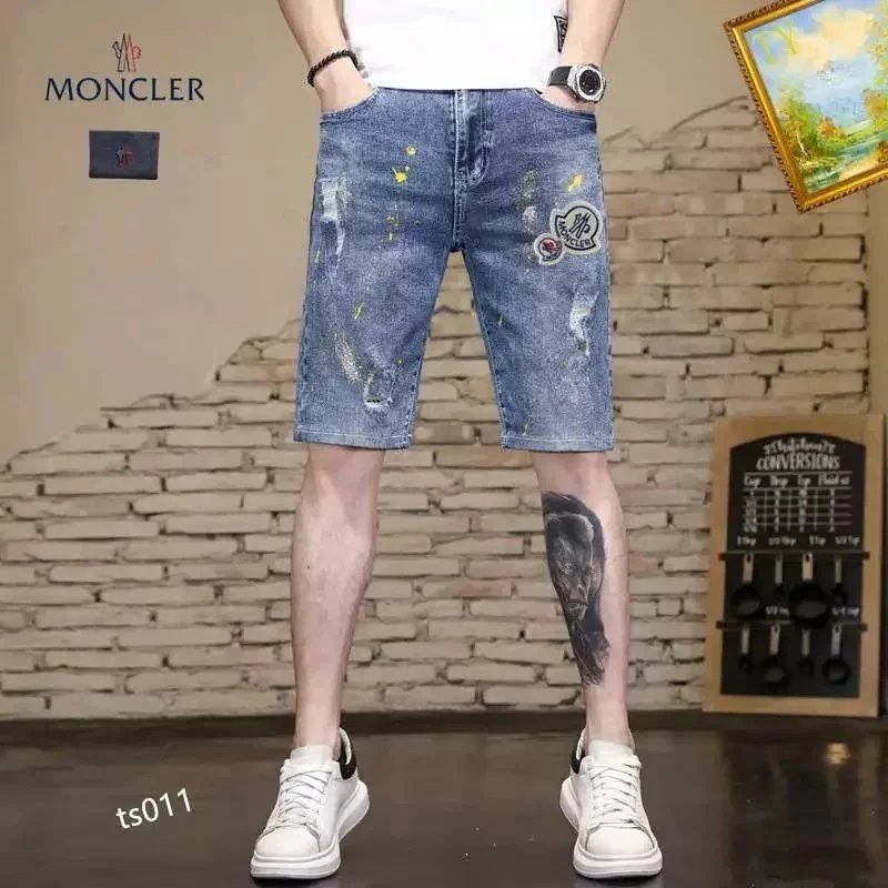 Moncler Distressed Patchwork Denim Shorts Blue - 1