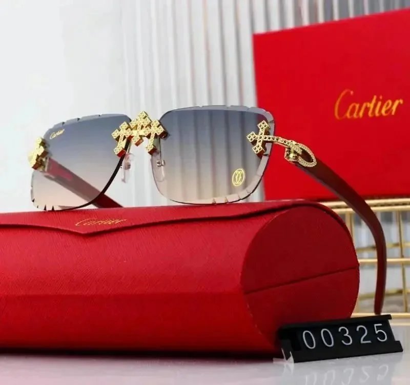 Cartier Eyewear Rimless Rectangular Sunglasses with Gold Cross Decorations — 04