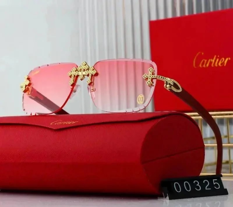 Cartier Eyewear Rimless Rectangular Sunglasses with Gold Cross Decorations — 05