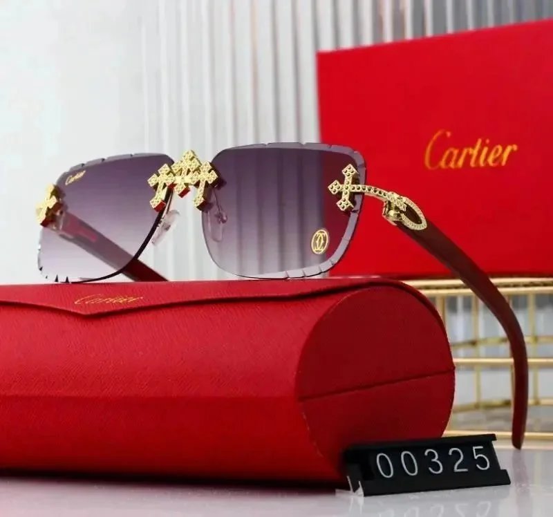 Cartier Eyewear Rimless Rectangular Sunglasses with Gold Cross Decorations — 06