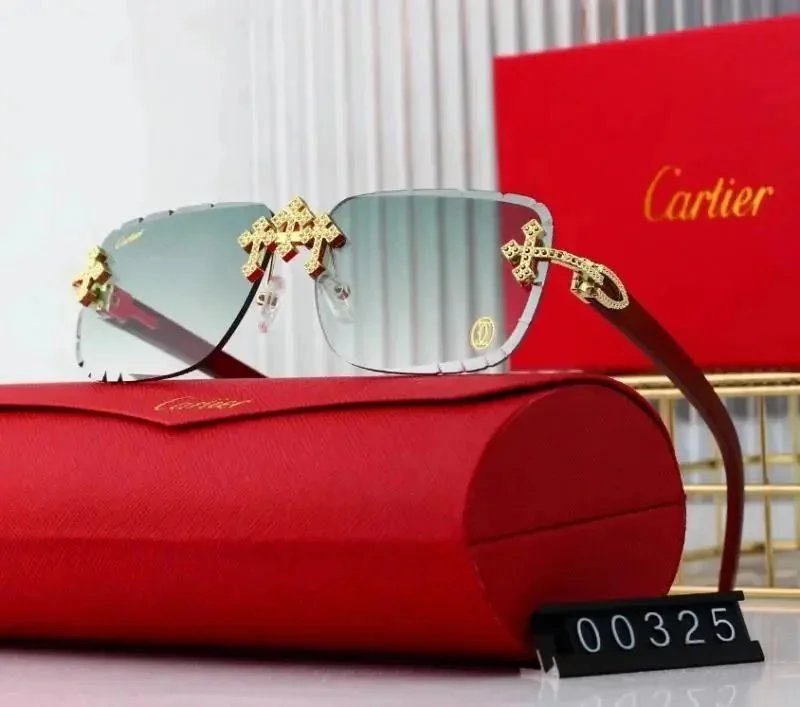 Cartier Eyewear Rimless Rectangular Sunglasses with Gold Cross Decorations — 01