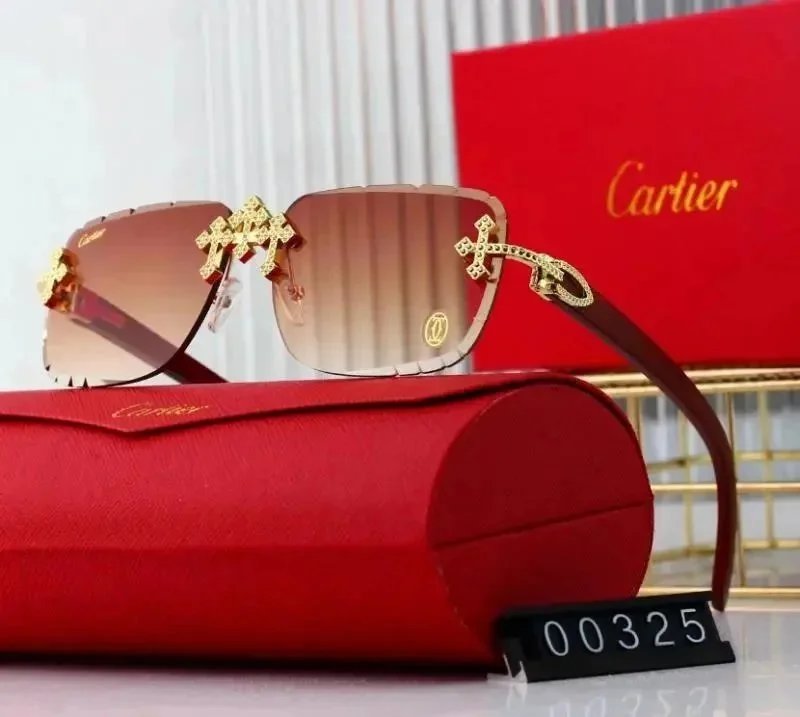 Cartier Eyewear Rimless Rectangular Sunglasses with Gold Cross Decorations — 07