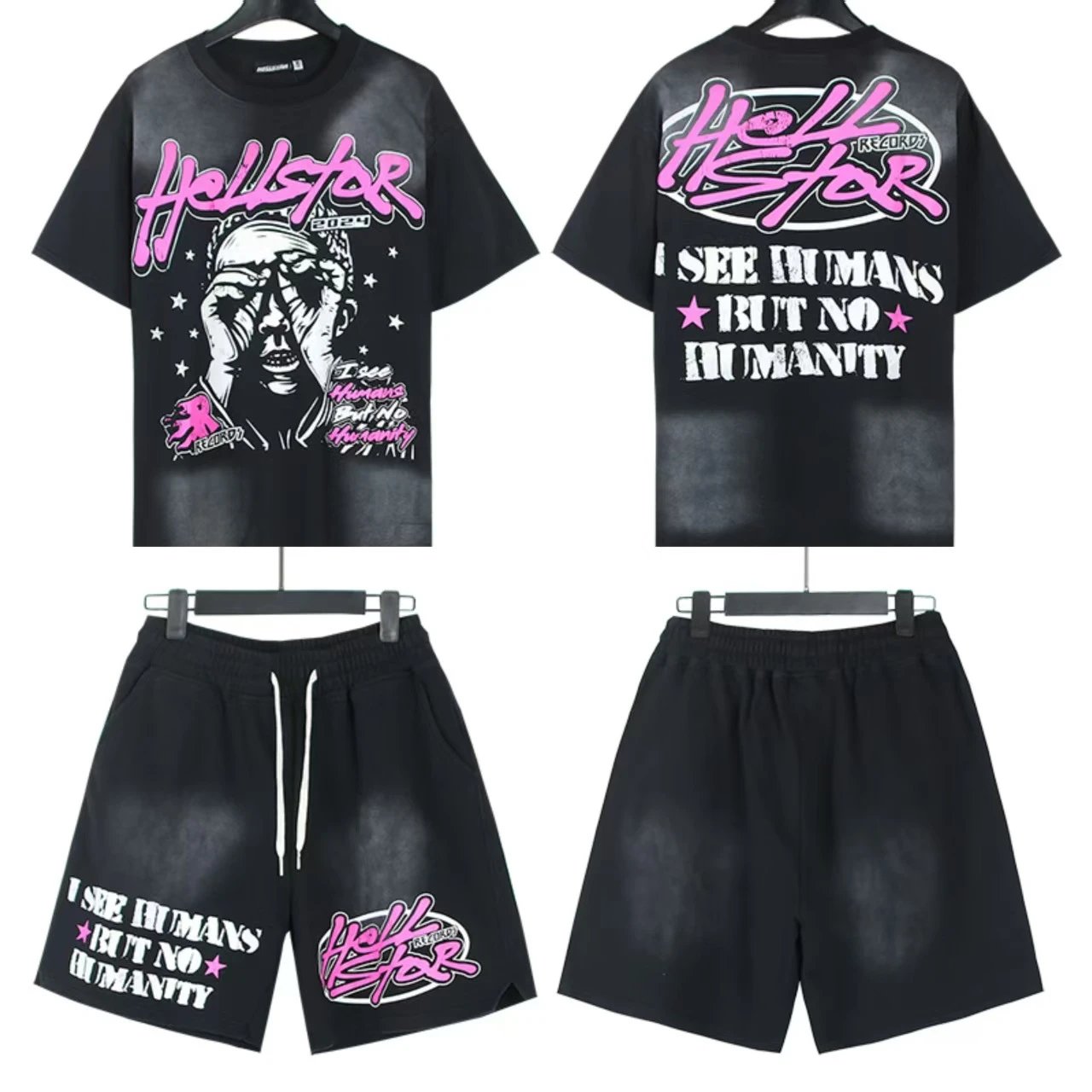 Hellstar X-Flame Graphic T-Shirt and Flame Shorts Set Black / Green - 10