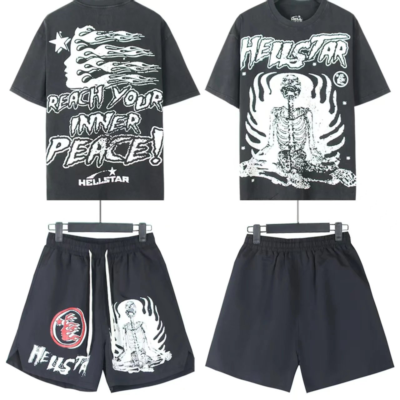 Hellstar X-Flame Graphic T-Shirt and Flame Shorts Set Black / Green - 12