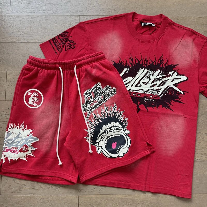 Hellstar X-Flame Graphic T-Shirt and Flame Shorts Set Black / Green - 20