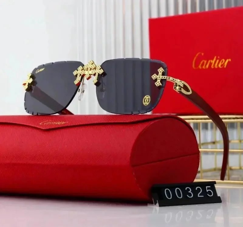 Cartier Eyewear Rimless Rectangular Sunglasses with Gold Cross Decorations — 02