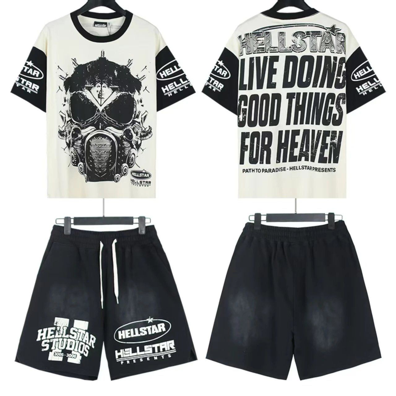 Hellstar X-Flame Graphic T-Shirt and Flame Shorts Set Black / Green - 9