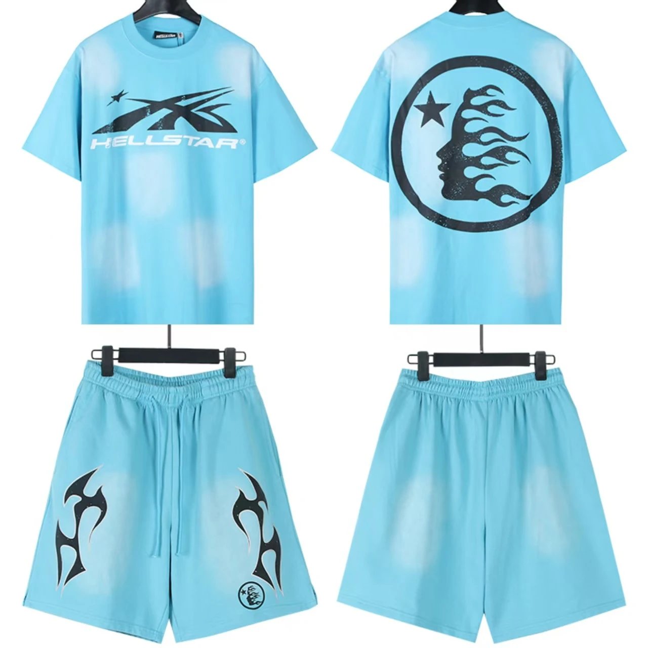 Hellstar X-Flame Graphic T-Shirt and Flame Shorts Set Black / Green - 17