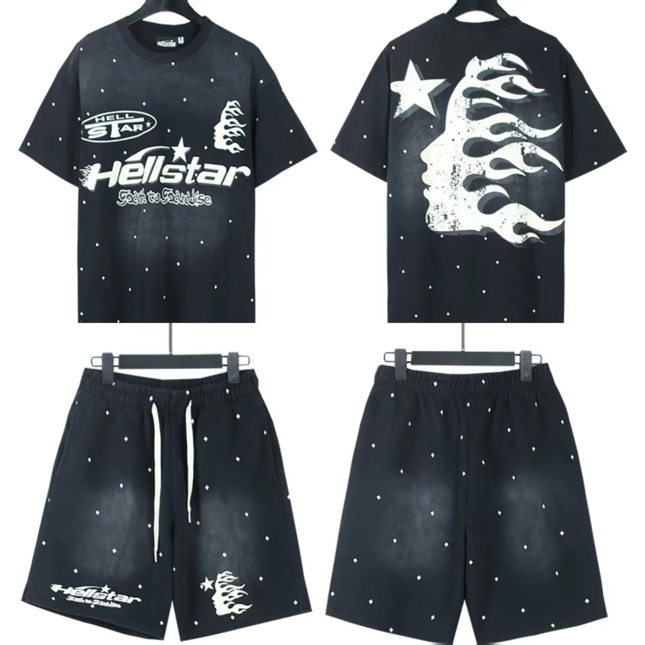 Hellstar X-Flame Graphic T-Shirt and Flame Shorts Set Black / Green - 11