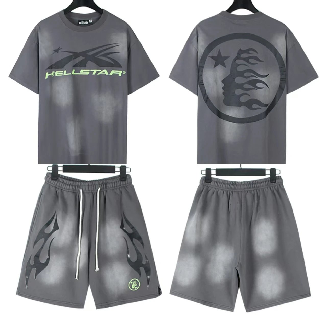 Hellstar X-Flame Graphic T-Shirt and Flame Shorts Set Black / Green - 6