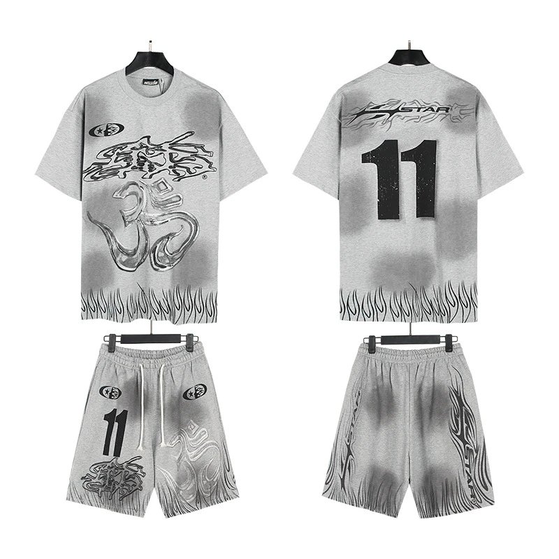 Hellstar X-Flame Graphic T-Shirt and Flame Shorts Set Black / Green - 14