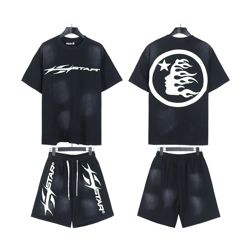 Hellstar X-Flame Graphic T-Shirt and Flame Shorts Set Black / Green - 15