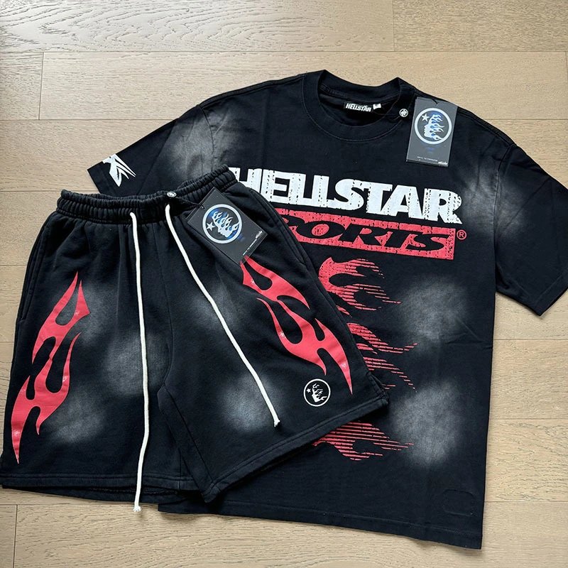 Hellstar X-Flame Graphic T-Shirt and Flame Shorts Set Black / Green - 30