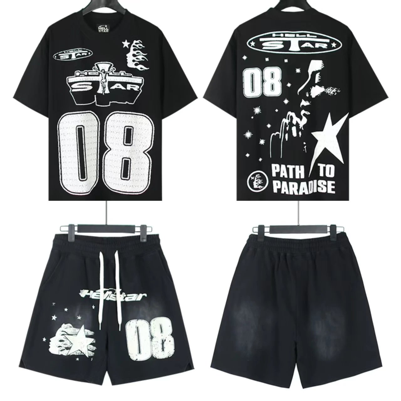 Hellstar X-Flame Graphic T-Shirt and Flame Shorts Set Black / Green - 13
