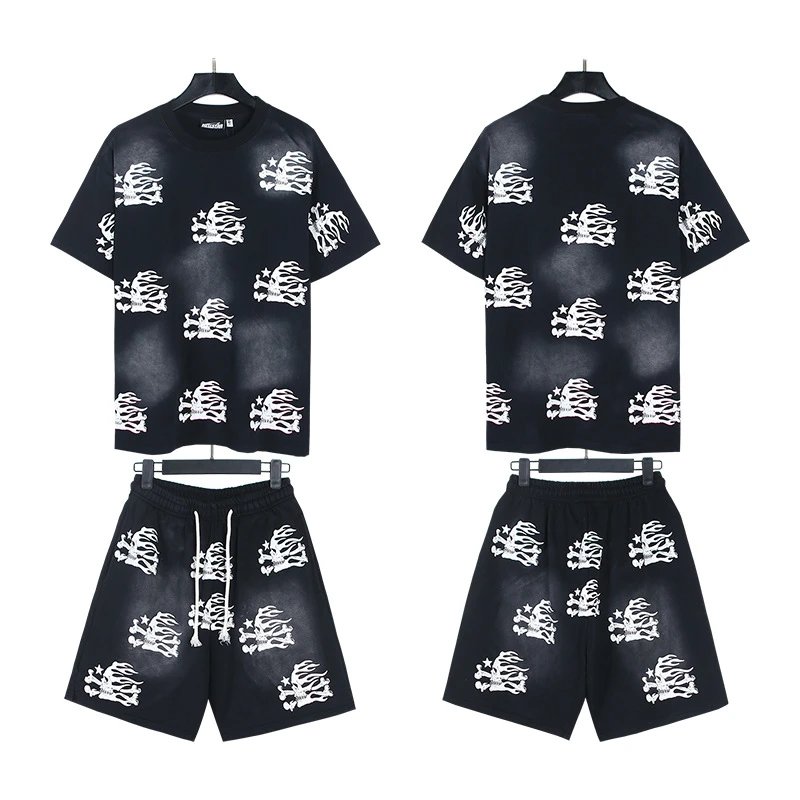 Hellstar X-Flame Graphic T-Shirt and Flame Shorts Set Black / Green - 8