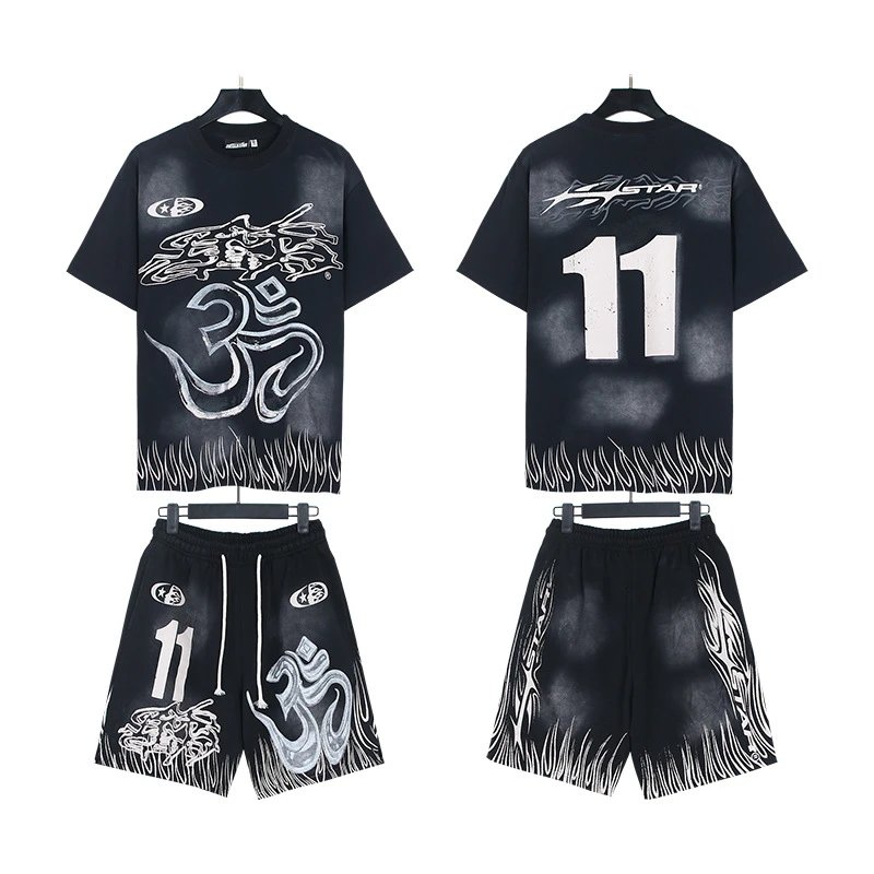 Hellstar X-Flame Graphic T-Shirt and Flame Shorts Set Black / Green - 16