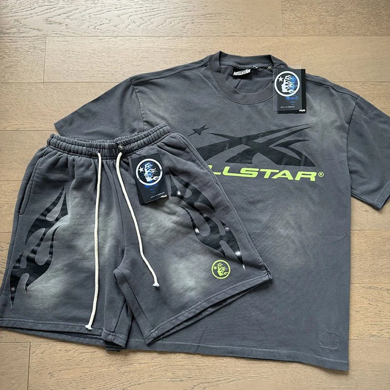 Hellstar X-Flame Graphic T-Shirt and Flame Shorts Set Black / Green - 24
