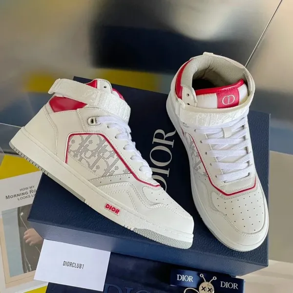 Dior B23 High-Top White and Red Oblique Sneakers - 1