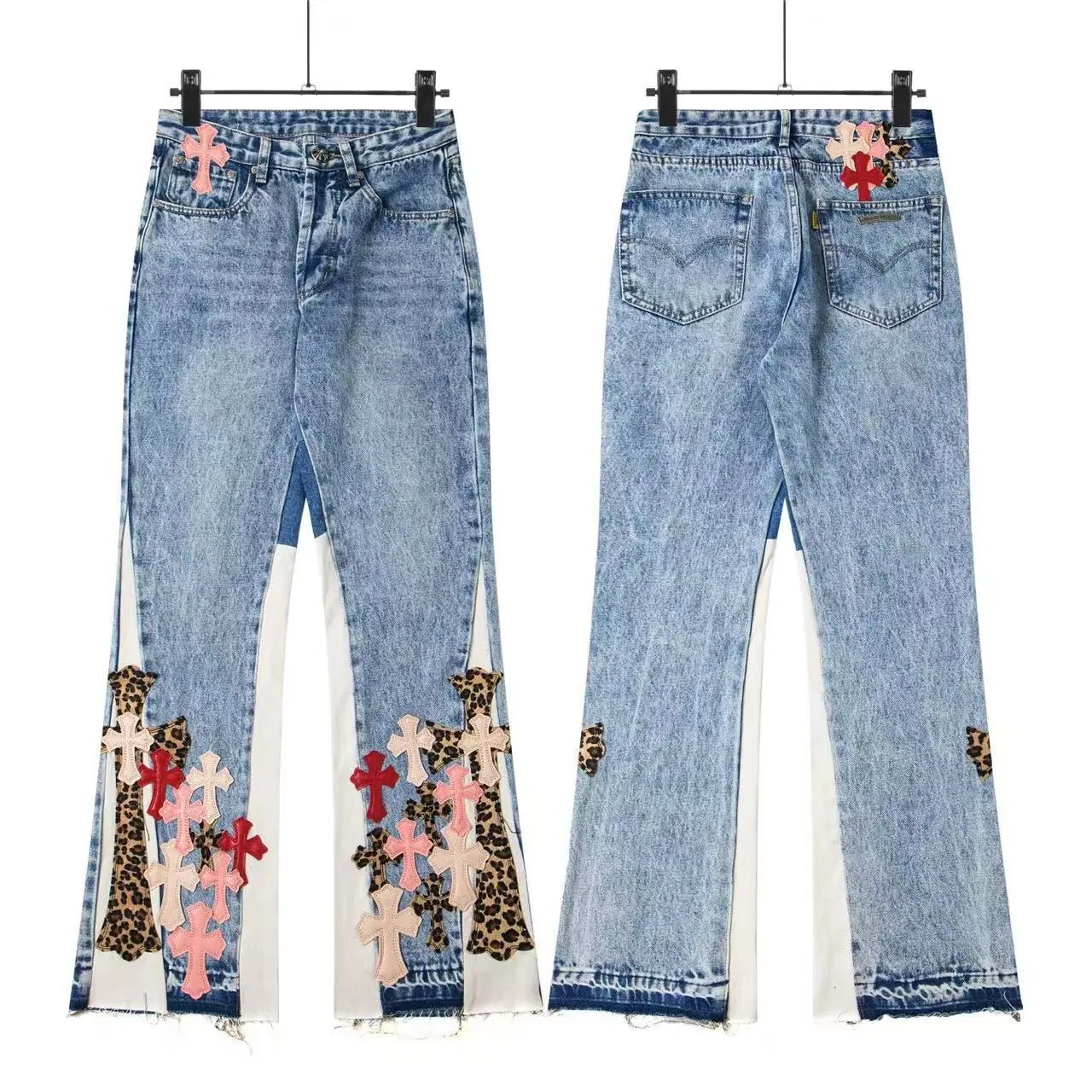 Chrome Hearts cross patch leopard spliced flare jeans - rep spodnie