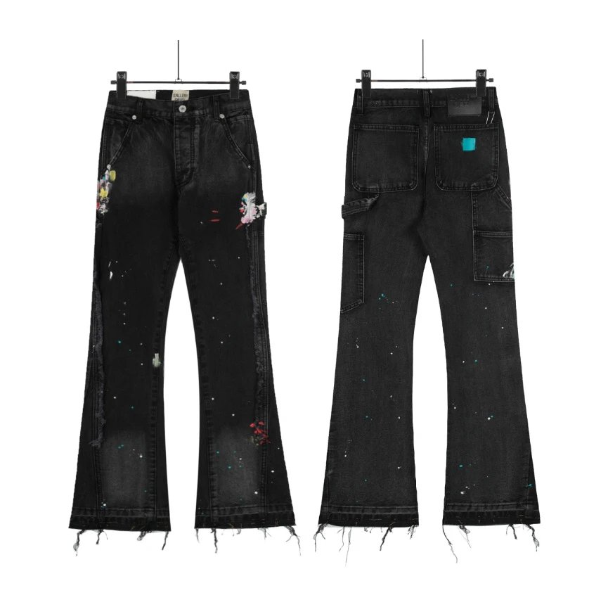 Paint splatter frayed hem cargo flare black jeans - rep spodnie