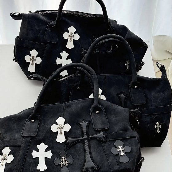 Black and White Patchwork Travel Bag with Roman Metal Cross - Shoulder and Crossbody Bag