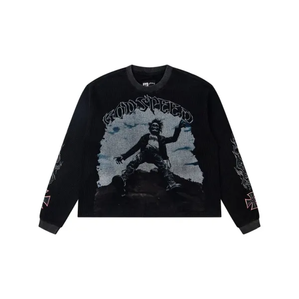 Godspeed x Unknown Artist Graphic Long-Sleeve Waffle Knit Top Black - 1