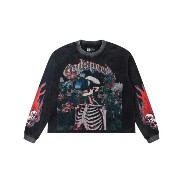 Dead Kennedys x Unknown Brand Skeleton Floral Waffle Knit Long-Sleeve Top - 1