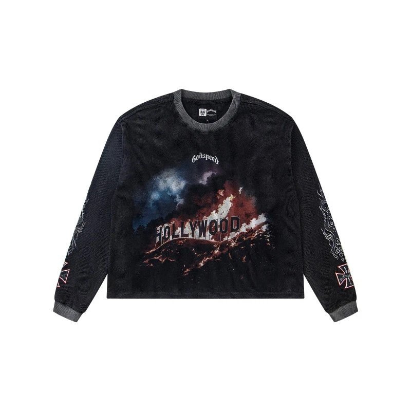 Godspeed Hollywood Distressed Waffle Knit Long-Sleeve Top Black - 1