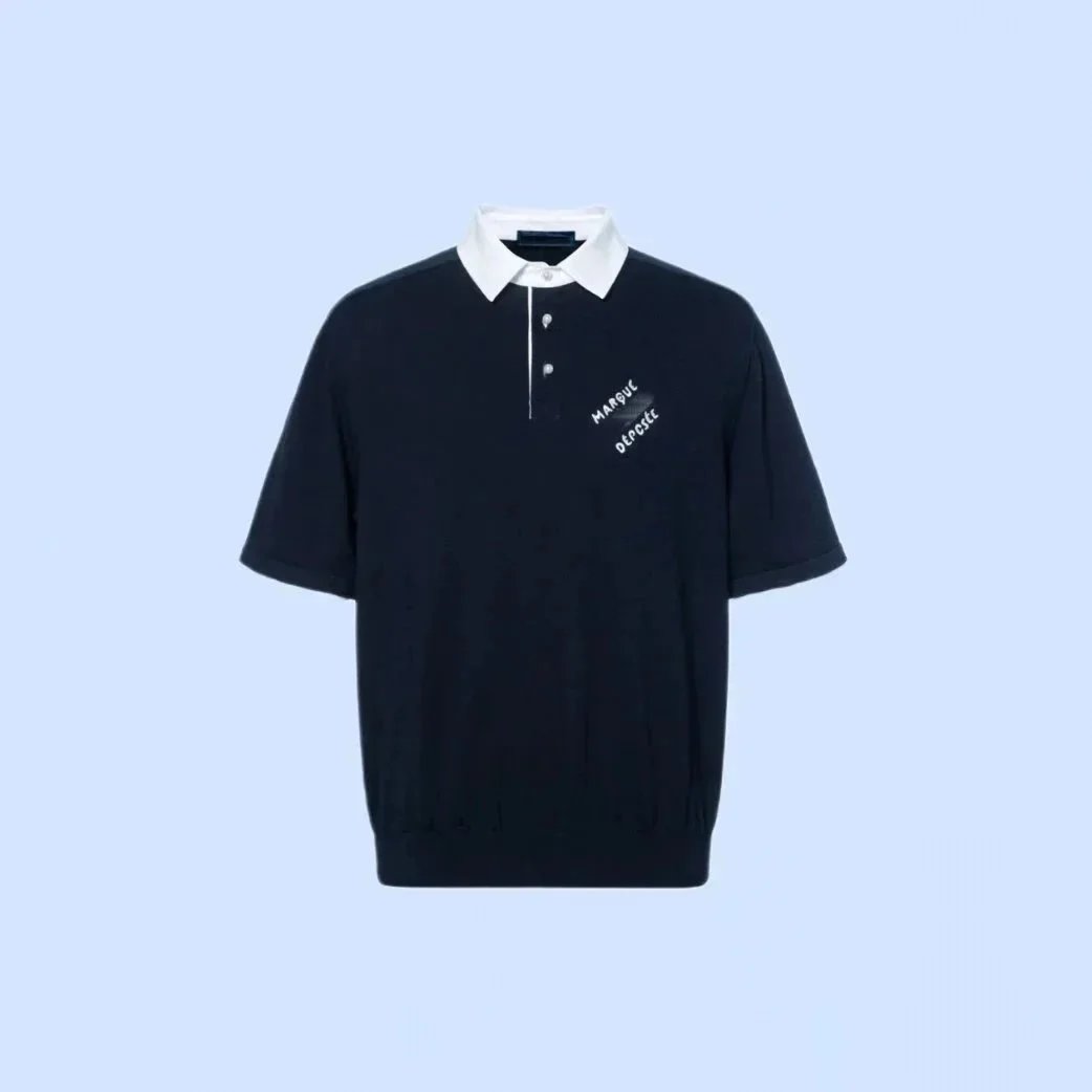 Shark made (in stock) self embroidered V-letter polo shirt T-shirt elegant navy blue