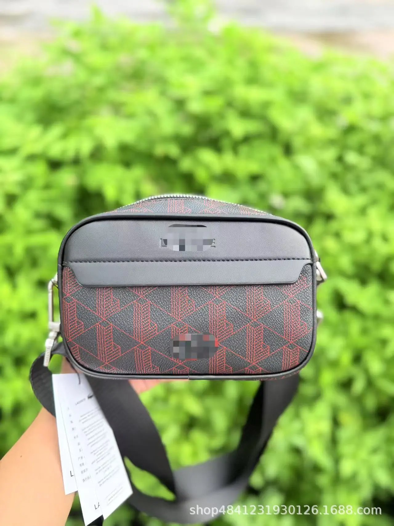 Lacoste Camera Bag Black Red Geometric Print Crossbody Bag