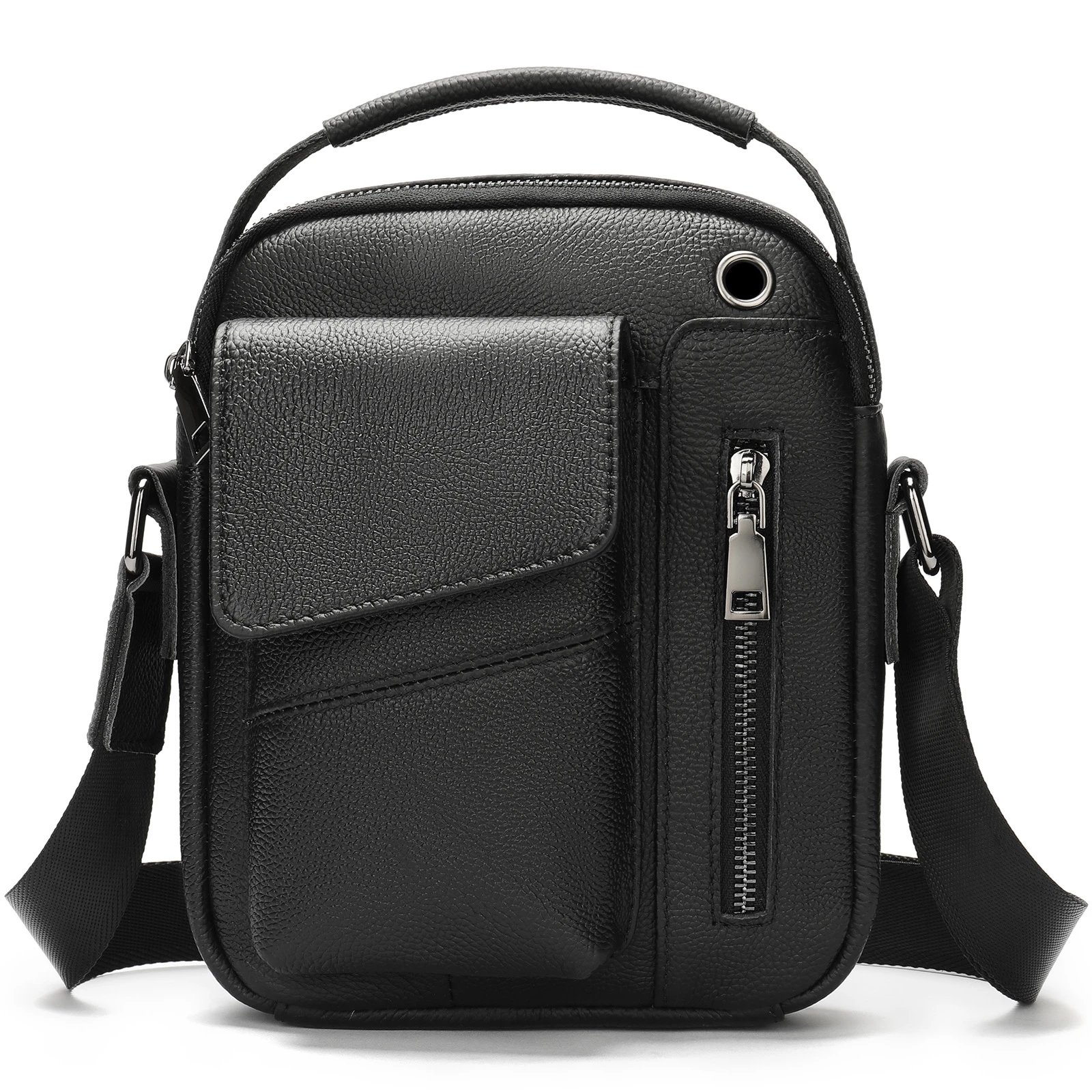 Design Leather Crossbody Bag with Zippered Pocket Black