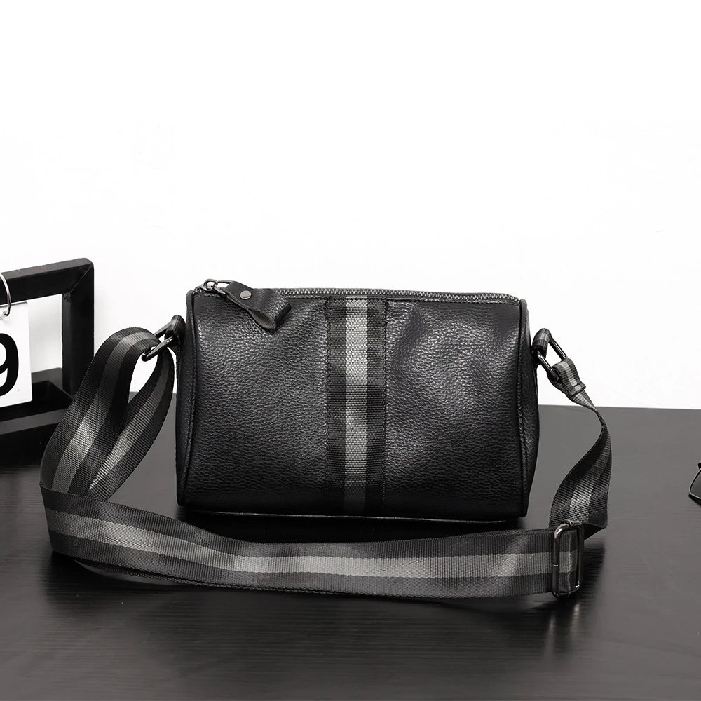 Design Leather Crossbody Bag with Striped Webbing Strap Black
