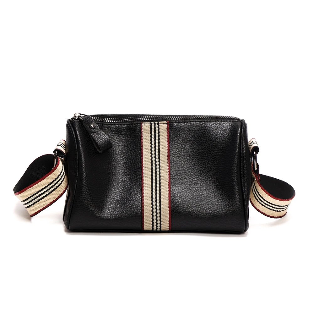 Design Leather Crossbody Bag with Striped Webbing Strap Black - 9
