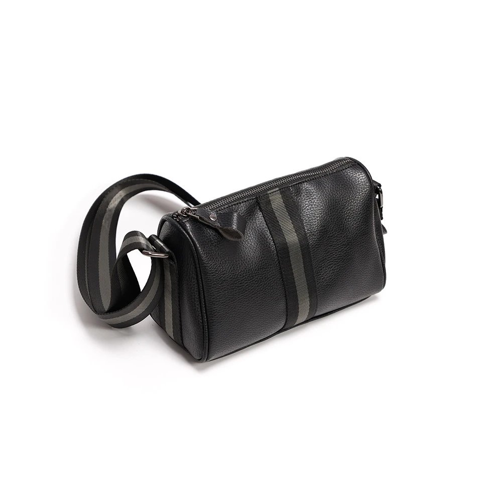Design Leather Crossbody Bag with Striped Webbing Strap Black - 14