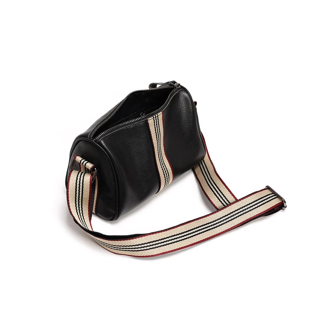 Design Leather Crossbody Bag with Striped Webbing Strap Black - 6