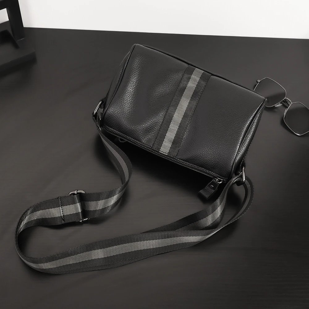 Design Leather Crossbody Bag with Striped Webbing Strap Black - 10
