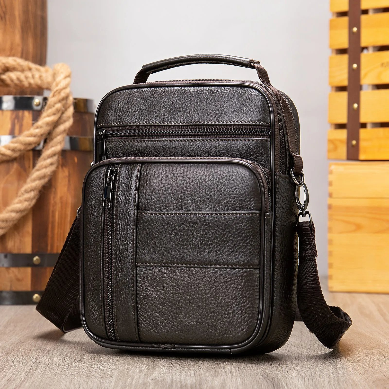 Design Leather Crossbody Bag Brown