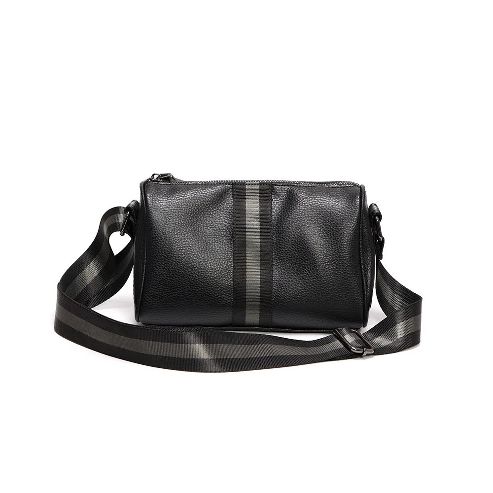 Design Leather Crossbody Bag with Striped Webbing Strap Black - 16