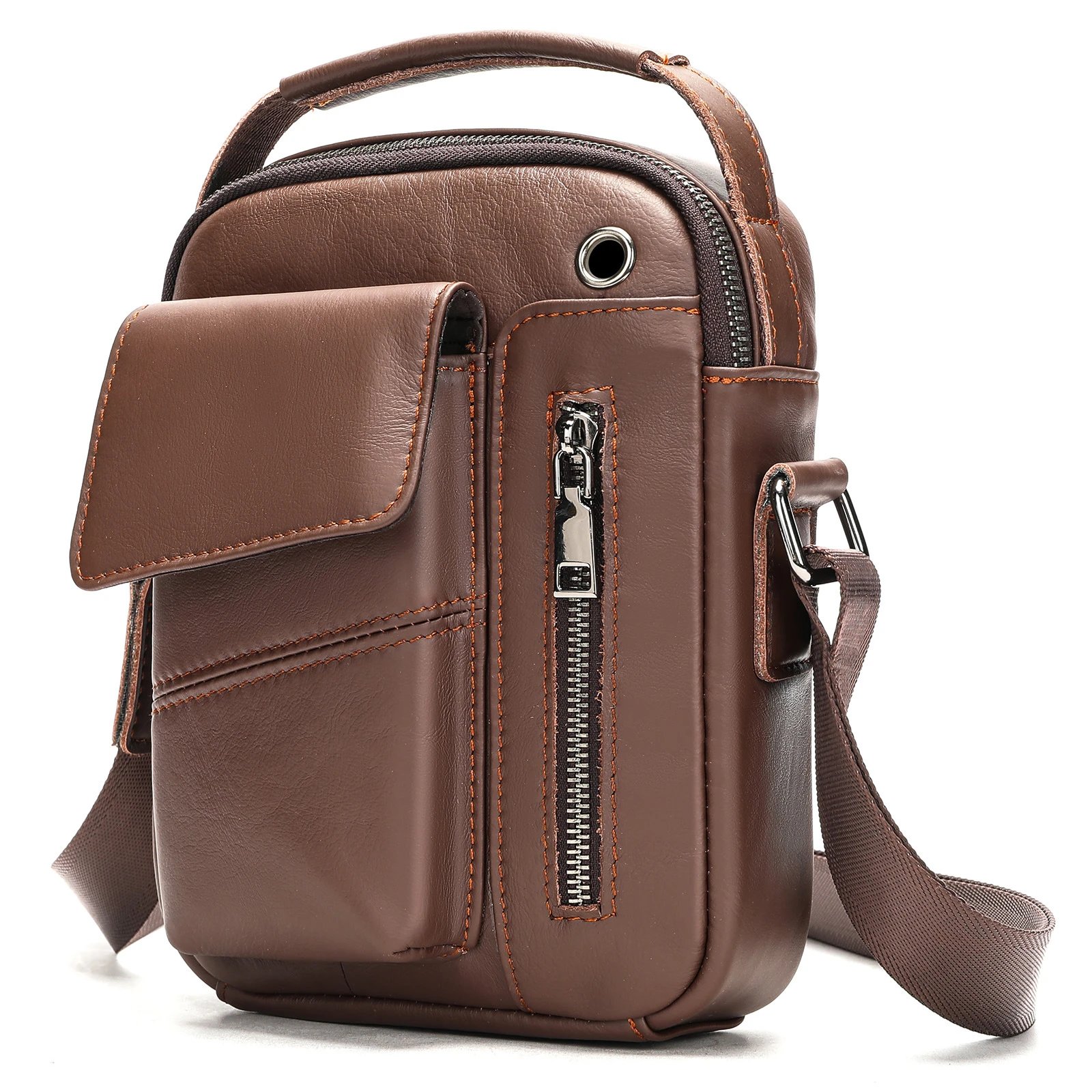 Design Brown Leather Crossbody Bag with Zippered Pocket and Flap Compartment