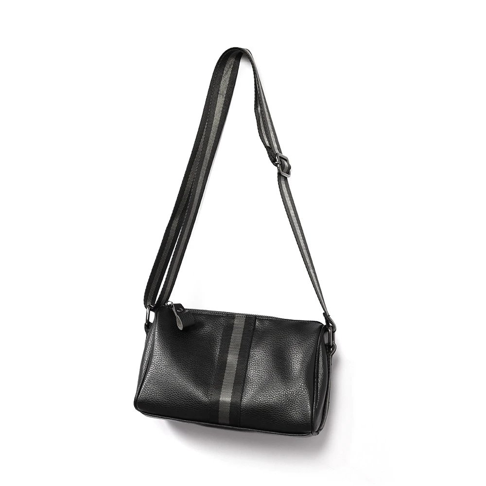 Design Leather Crossbody Bag with Striped Webbing Strap Black - 12