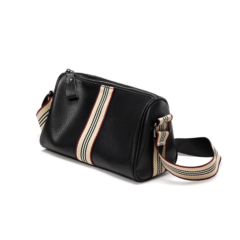 Design Leather Crossbody Bag with Striped Webbing Strap Black - 8